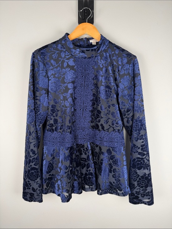 Spense Tops - Spense Whimsigoth Witchy Dark Romantic Navy Velvet Burnout Peplum Top Size L